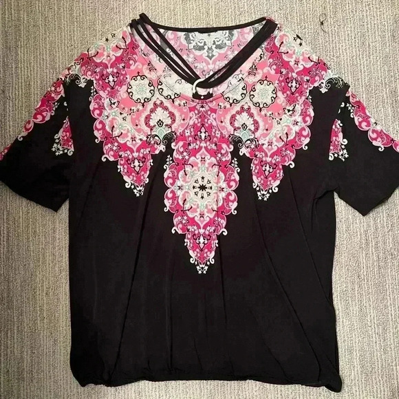 XL JM COLLECTION PINK AND BLACK BOHO BLOUSE (brand tag cut out) - Picture 4 of 6